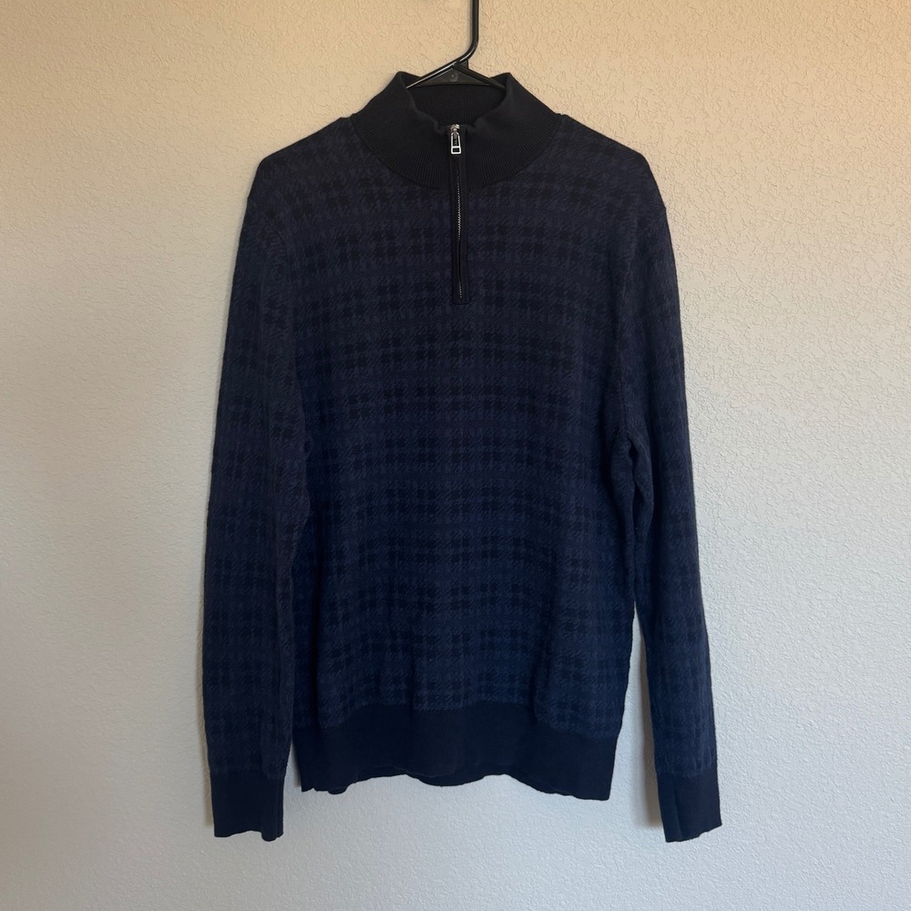 Bonobos Mens Cotton Cashmere Quarter Zip Plaid Sweater Navy Business Casual Prep